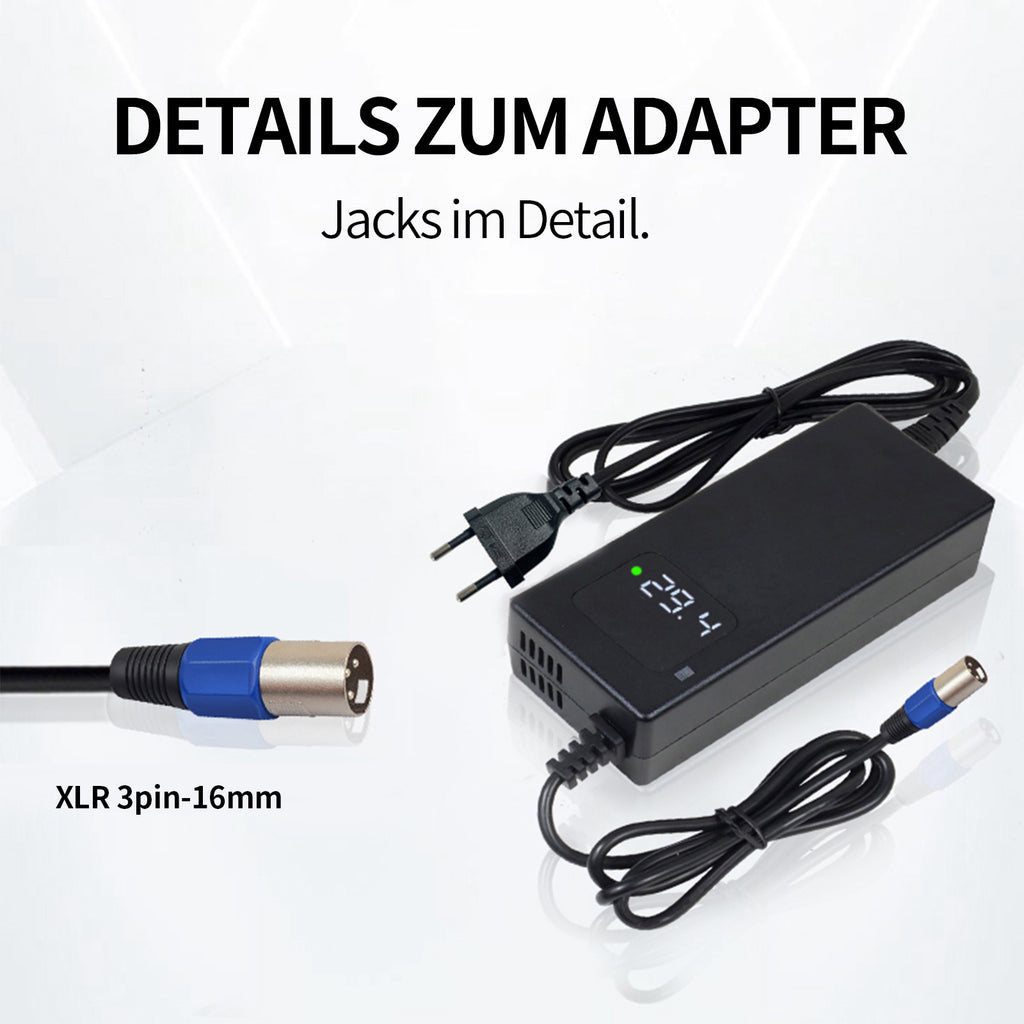 29.4V 4A lithium battery charger with 7S-3 pin XLR connector, CE/UKCA certified, 2-year warranty (for scooters/medical equipment/electric bicycles)