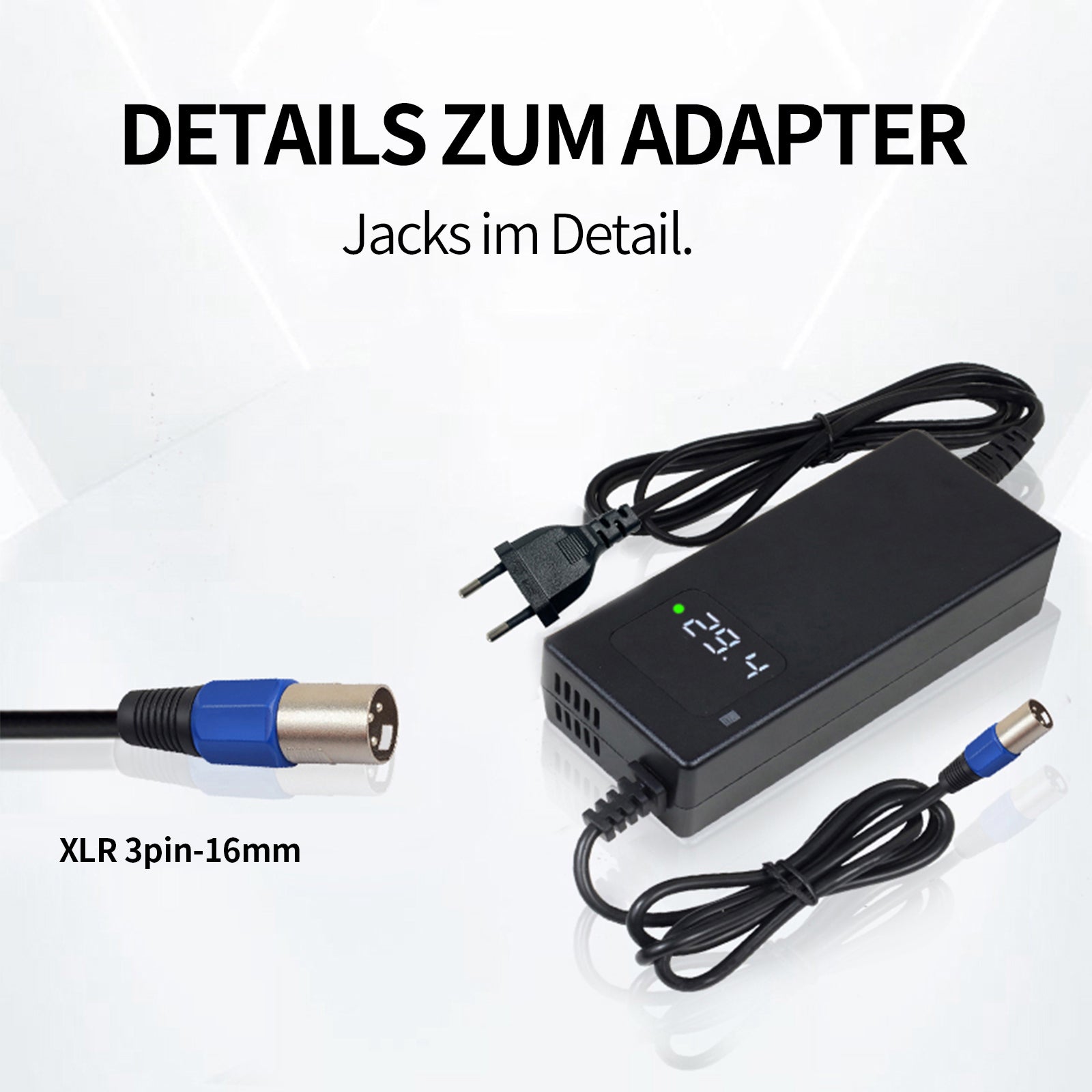 29.4V 4A lithium battery charger with 7S-3 pin XLR connector, CE/UKCA certified, 2-year warranty (for scooters/medical equipment/electric bicycles)